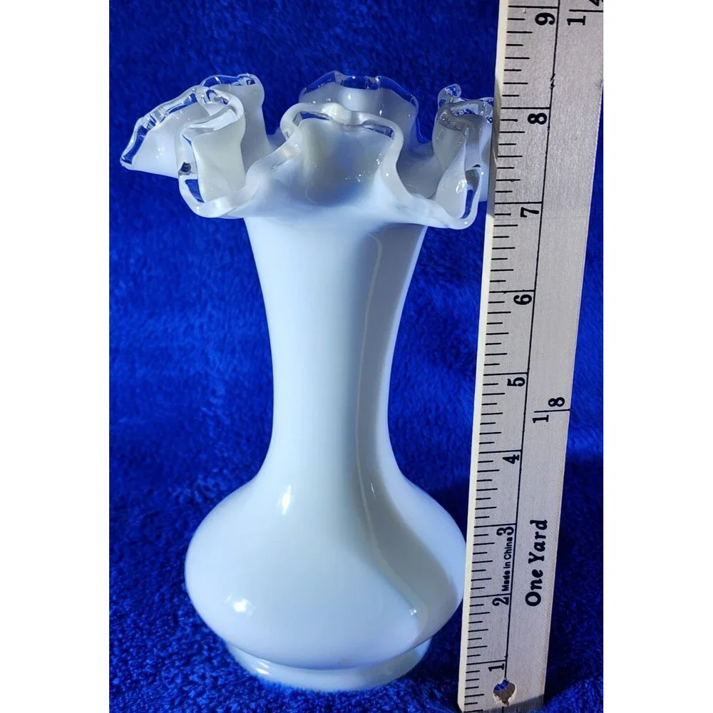 Vintage Fenton-Style Silver Crest Milk Glass Vase w/Clear Double Crimped Lip